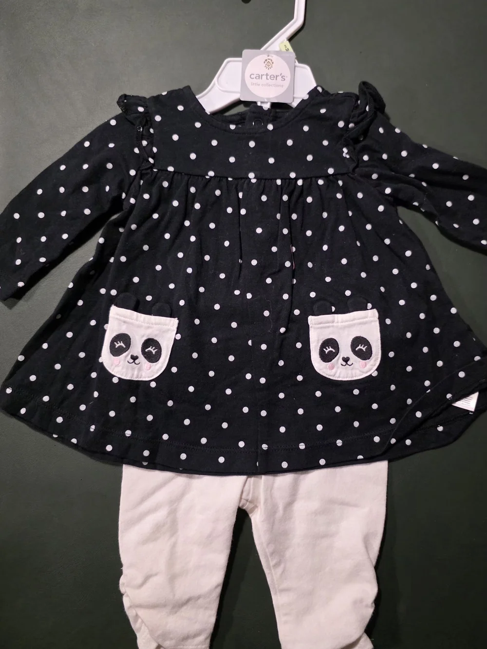 Carter's Black Polka Dot Dress with Cream Panda Pocket Accents